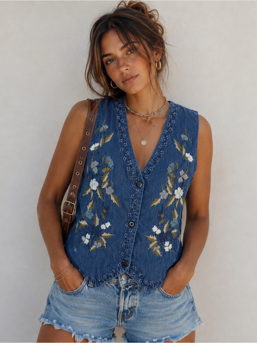 Embroidered Blue Denim V-Neck Vest M Weatern Boho Indie Folkcore Festival Chic